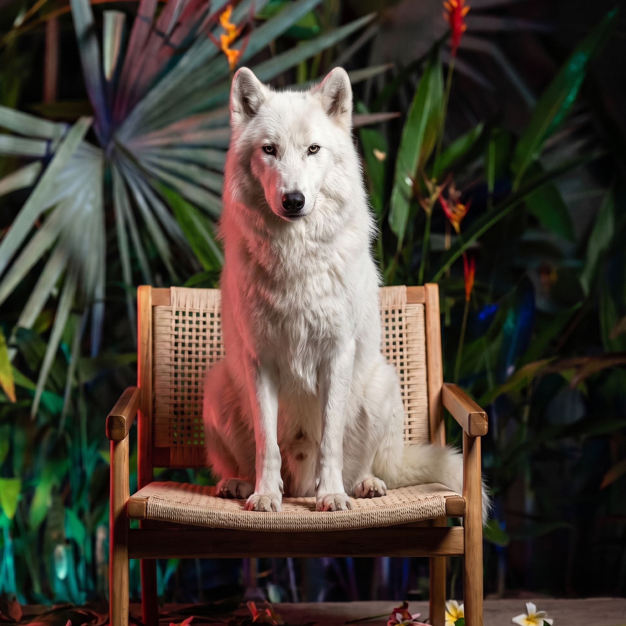A white wolf seated in the same chair, same pose
